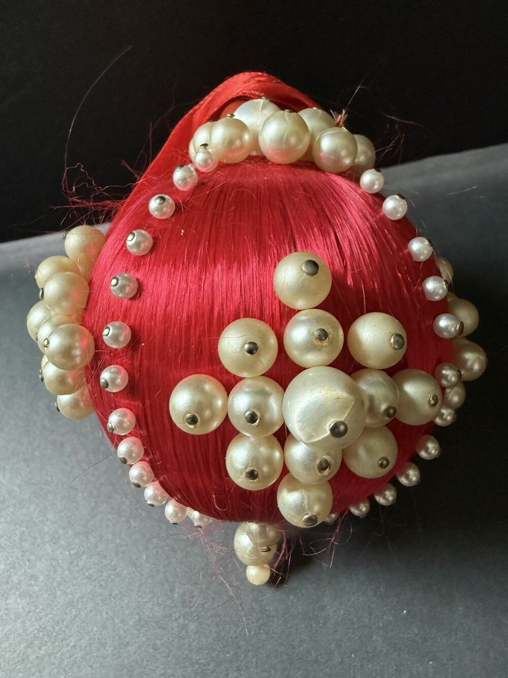 Vintage Handmade Jeweled Beaded Push Pin Red White Victorian Christmas Ornament
